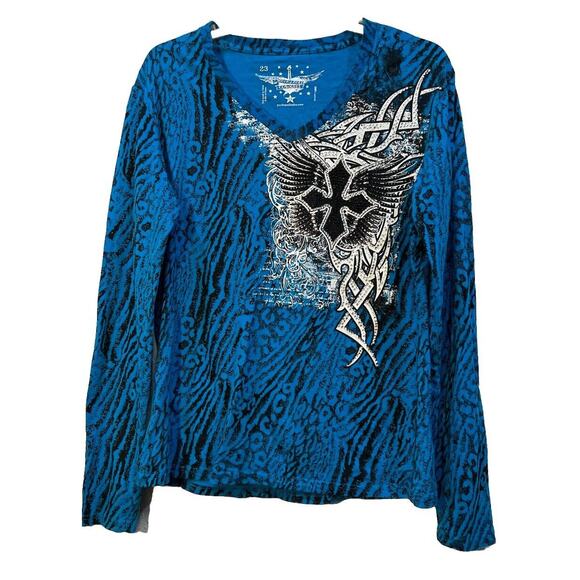 Rock & Roll Cowgirl BlackCross Blue Shirt Beads Graphic Wester 1X - Picture 1 of 12